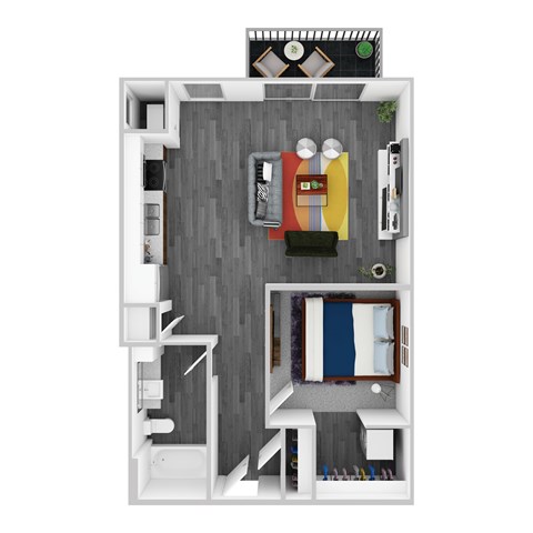 Floor plan for 1 bed, 1 bath, 651 sqft